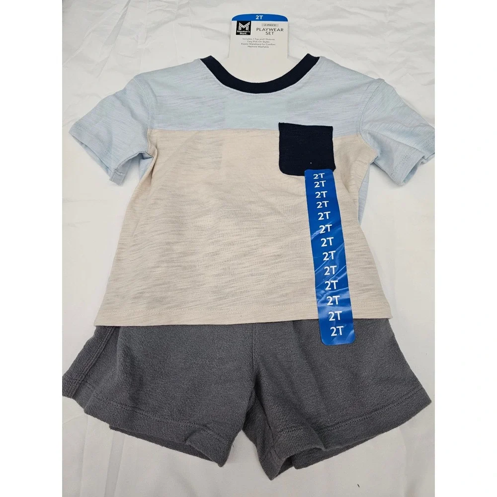 Member's Mark Boys 2-Piece Playwear Set Blue Tan Gray Shorts 2T NWT